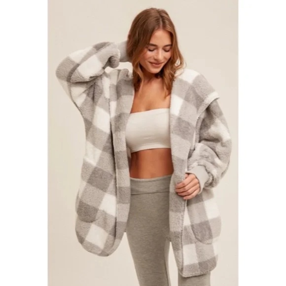 Gray & White Check Checkered Print Soft Sherpa Hoodie Cardigan - Picture 6 of 8